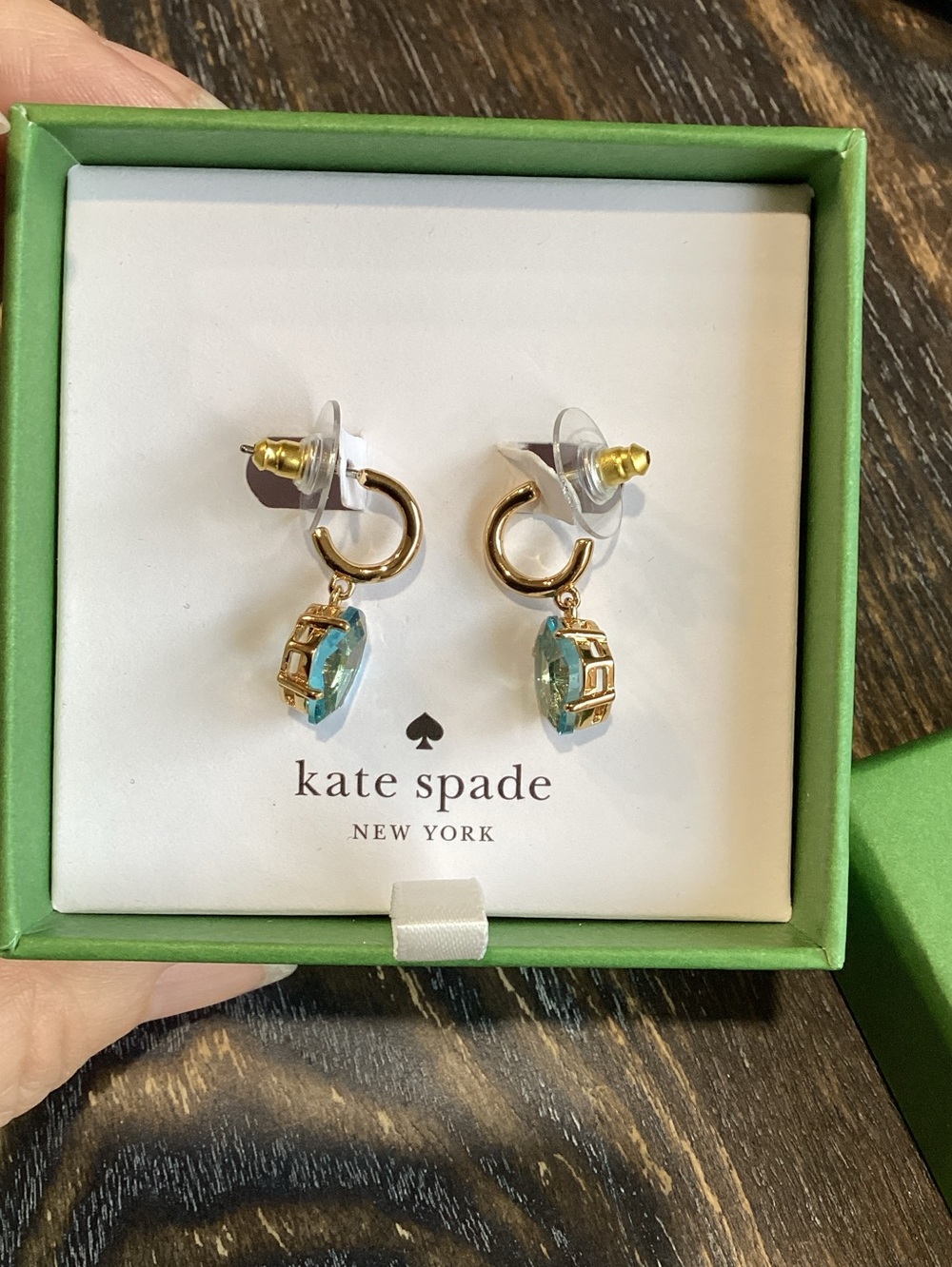 kate spade Treasure Trove Gold Huggie Earrings with Light Blue Crystal Drops